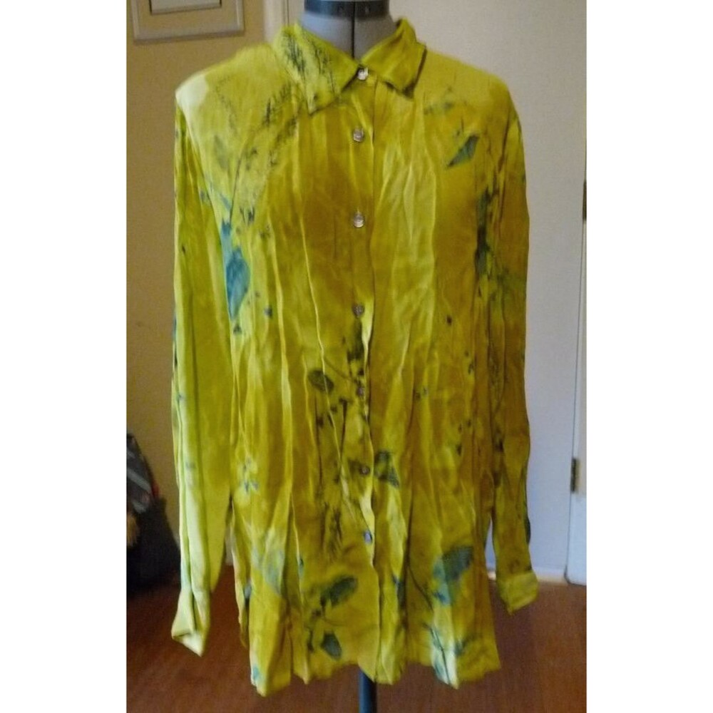 Vintage Carole Little Loose Cut Chiffon Blouse Mustard Yellow Watercolor Print L